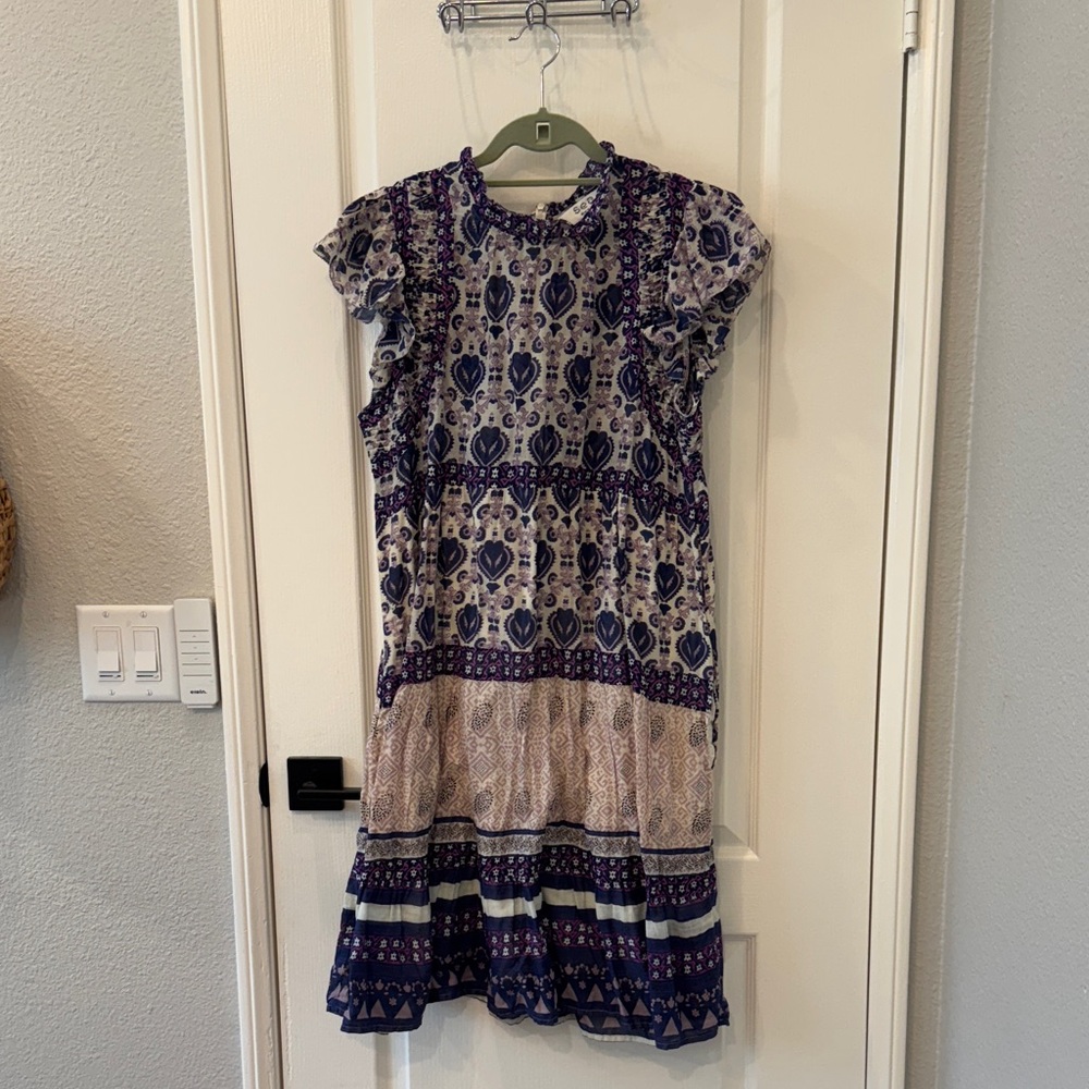 Sea New York Blue and Cream Printed Ruffle Sleeve Dress